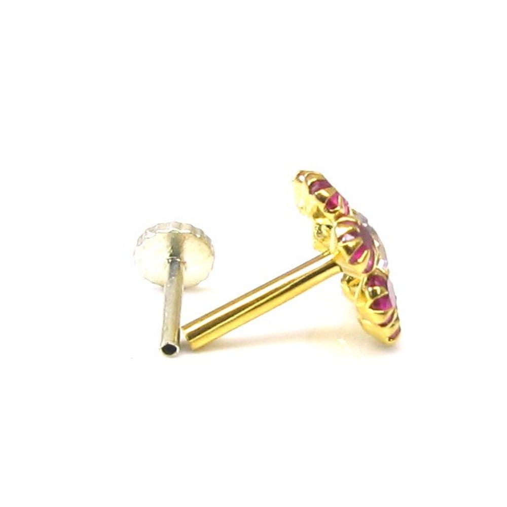 14k Yellow Gold Pink Nose Stud with push pin