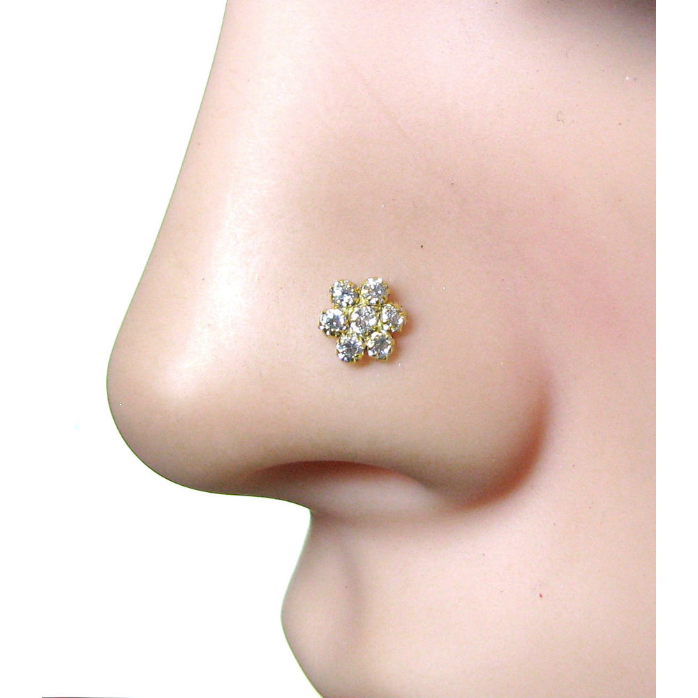 Nose Stud Pin Real 14k Yellow Gold  Precious White CZ