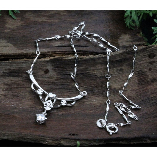Trendy-Light-&-Slim-925-Sterling-Silver-Chain-Necklace-CZ-Studded-Platinum-Tone