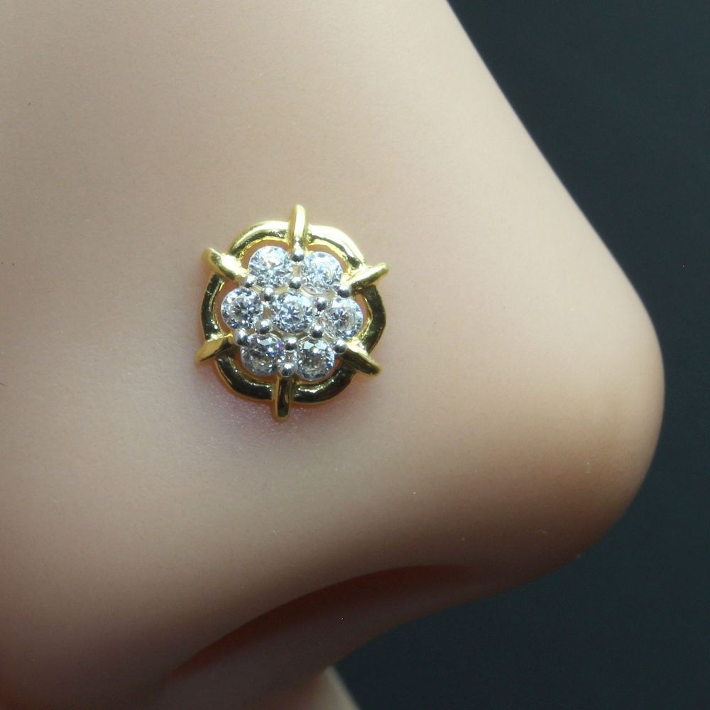 Real Gold Nose stud White CZ 14K Ethnic piercing nose ring